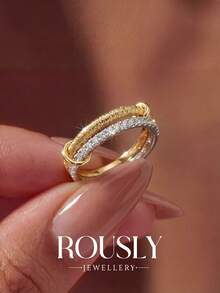 1pc Classic Double Band Zirconia Ring, Women's Jewelry, Party Gift, Birthday Gift, Daily Wear - Two Rings With Diamonds - View 1