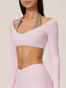 TimeOff Women's One Set Autumn/Winter Colorblock Halter V-Neck 2 In 1 Long Sleeve Cropped Top & Cross V-Waist Wide Leg Pants Yoga Set - Pink - View 5