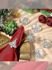 8pcs/Set Christmas Red Cloth Napkins And Christmas Snowflake Christmas Tree Napkin Rings, Suitable For Christmas, Parties, Weddings, Dining Table Decorations - Multicolor - View 8