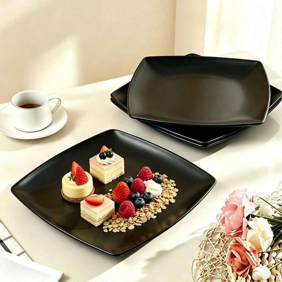 1/4/8pcs Plastic Plates, Dessert Plates, Suitable For Salad, Fruit, Steak, Dessert - Black - View 1
