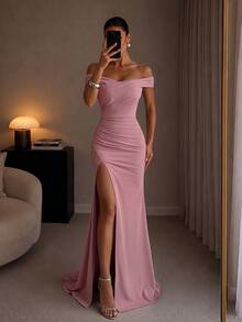 ADYCE Elegant Off-Shoulder High-Waist Pleated High-Slit Floor-Length Party Dress, Suitable For Prom, Evening Party, Date, Homecoming, Wedding Guest, Formal Dinner, Family Gathering, Autumn - Dusty Pink - View 4