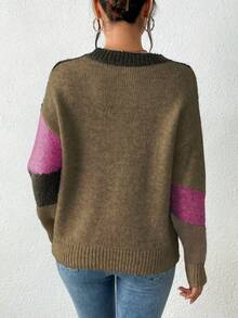 秋冬新款休閒街頭風拼色軟綿復古慵懶落肩圓領針織套頭上衣[返校季] - 玫紅色 - 查看 2