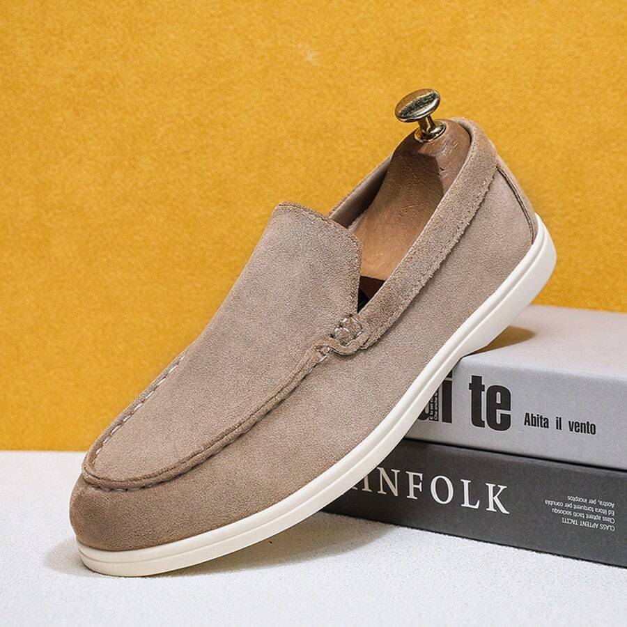 Luxury Men's Slip-On Penny Loafers Solid Color Faux Suede Fabric Casual Shoes - Khaki - View 1