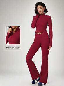 NcmRyu Women's One Set Solid Color Stand Collar Zipper Short Jacket & Criss-Cross V Waist Flare Pants Sports Outfit - Red - View 10