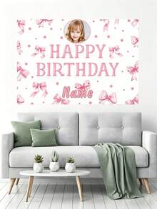 1pc Customizable Pink Bow Birthday Background, Pink Polka Dot Girly Design Background, Suitable For Birthday Party Cake Smash, Photography Backdrop, Vinyl - Pink - View 7