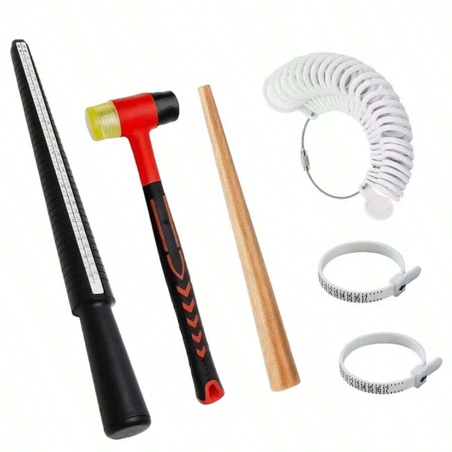 KLONKEE 6pcs Jewelry Repair Tool Set - Includes 25mm Rubber Mallet, Repairing Wooden Stick, Ring Sizer, Measuring Tape, Suitable For Ring Repair And Measurement, Wedding/Engagement Ring Adjustment - Multicolor - View 1