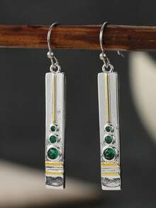 YOYO Women's Long Earrings, Vertical Line Design With Green Cubic Zirconia, Suitable For Daily Commute Ear Drops - Silver - View 4