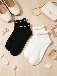 1/3 Pairs Women's Ruffle Cuff Short Socks, Faux Pearl & Rhinestone Decor, Solid Black & White Knit Socks, Sweet & Elegant Style, Soft & Breathable, Suitable For Autumn/Winter, Fashion Accessory, Can Be Paired With Mary Jane Shoes - Multicolor - View 8