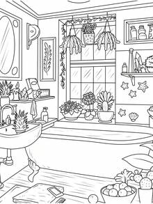 Cute Interior Designs Themed Coloring Book, Cozy Home Room Line Art, Potted Plants, Cats And Dogs, Healing Adult Leisure Doodle Coloring Book - Interior Design - View 2