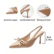 Women's Solid Color Glossy Pointed Toe Bow Decor Slingback High Heels, 8CM Stiletto, Elegant Dress Pumps For Wedding Party Daily Commute - Apricot - View 2