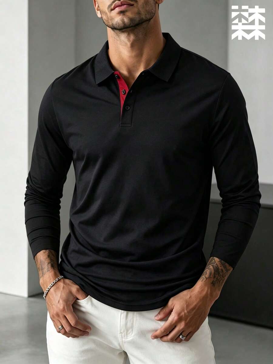 mulinsen 男士對比色門襟長袖 Polo 衫,簡約領口,修身版型,商務休閒,春秋上衣 - 黑色 - 查看 1