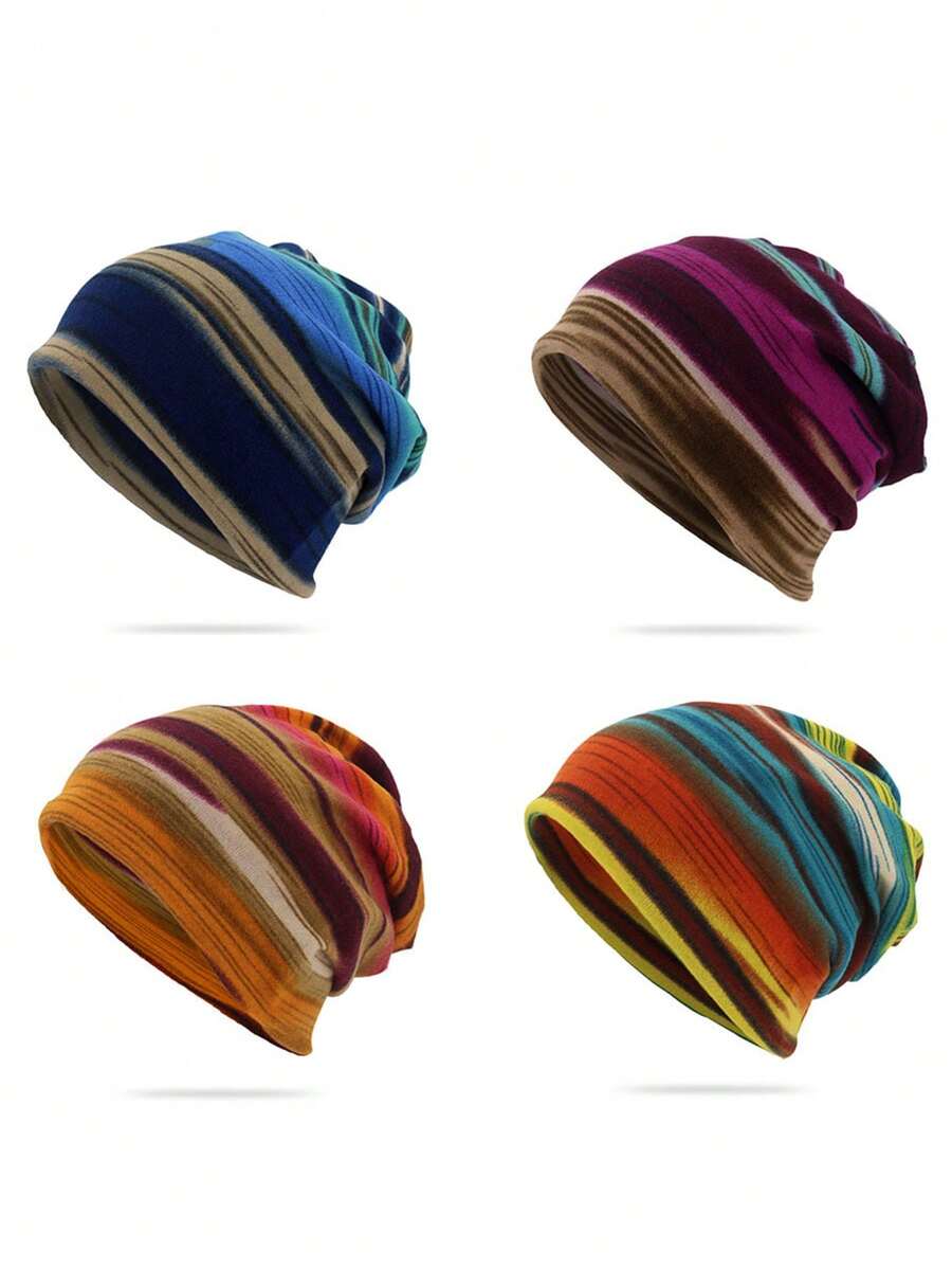 1PC Four Seasons Color Block Striped Knit Hat Unisex Multi-Functional Scarf Beanie Slouchy Hat Suitable For Daily Outdoor Wear - Multicolor - View 1