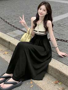 YCYC Summer Colorblock Round Neck Zipper Sleeveless Sweater Dress - Black - View 4