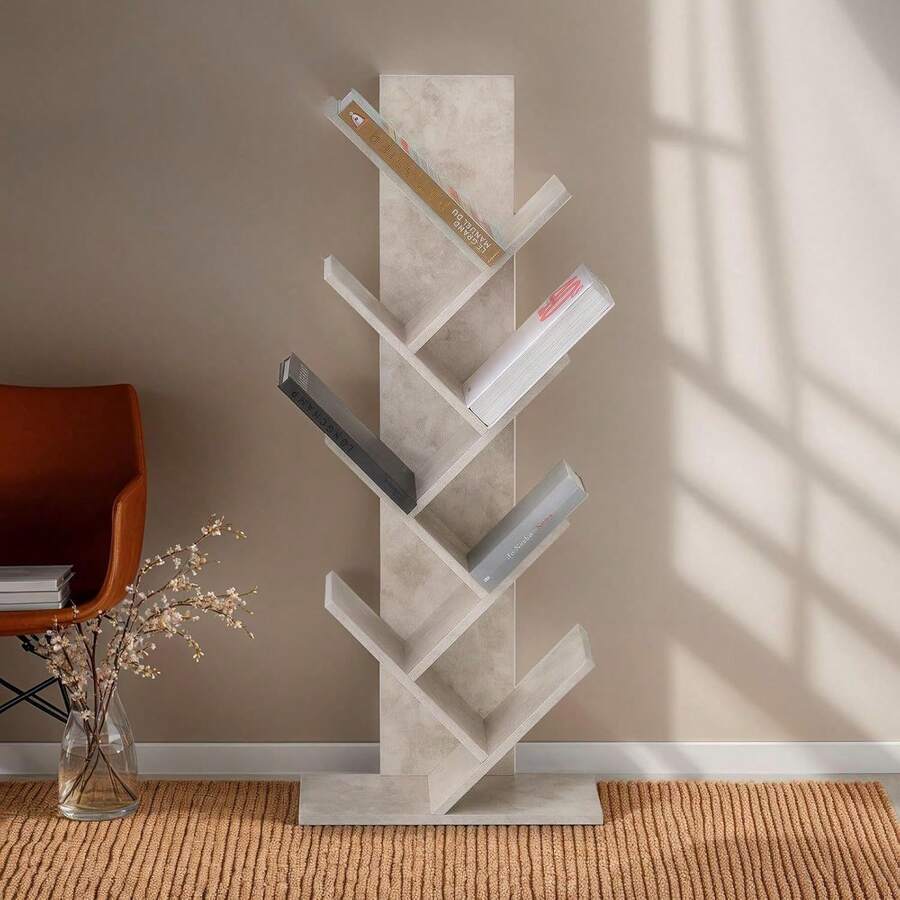 Bücherregal betonoptik - freistehendes Standregal für Bücher, Baumregal, hergestellt aus hochwertiger Spanplatte - Betonoptik - Übersicht 1
