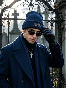 1pc Gothic Style Men Scarf Knitted Beanie, 12 Constellations Design, Fashion Street Ski Hat, Warm And Versatile Cold Weather Cap, Loose Fit - Black - View 2