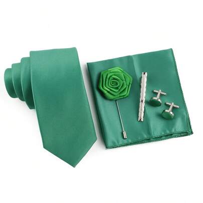 ZONFAZ Set Dasi & Sapu Tangan Saku & Manset & Bunga Kancing & Klip Dasi Pria (5 buah) untuk Bisnis, Pesta Pernikahan, dan Acara Fashion