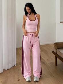 Women's Elegant Vacation Halter Neck Side Stripe Set - Pink - View 4