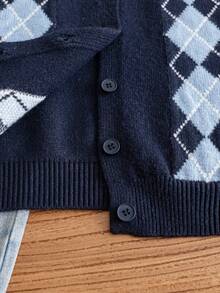 Boys' Preppy Argyle Jacquard Round Neck Button Long Sleeve Knit Cardigan Sweater, Contrast Color Pattern, Casual Versatile For Daily Wear, School, Spring, Autumn, Winter - Navy Blue - View 6