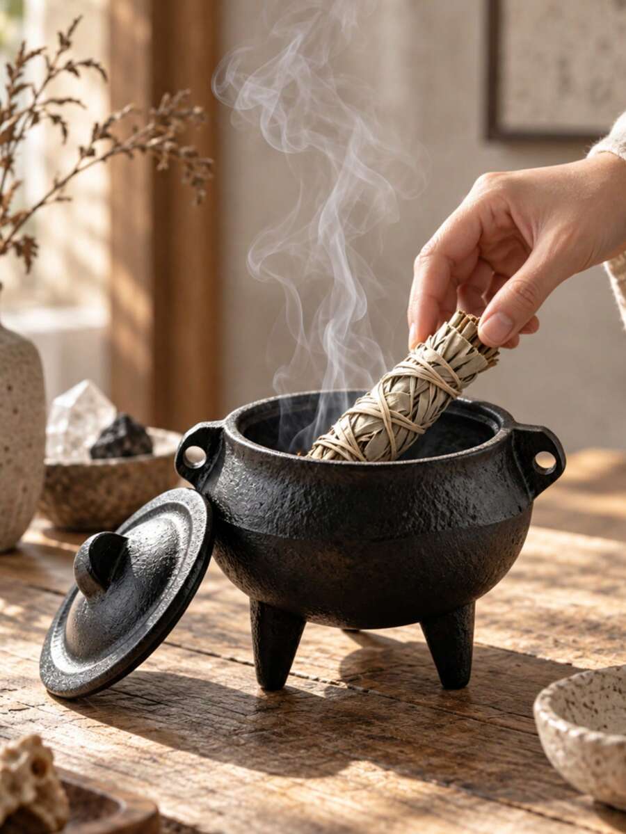 1件附蓋香爐,三腳鼠尾草與聖木香座,冥想淨化儀式裝飾品,坩鍋式桌面裝飾,適用瑜伽、靈性、室內、萬聖節使用 - 三腳香爐 - 查看 1