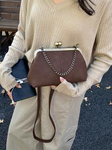 Vintage Distressed Zipper Bag, Metal Chain Texture One Shoulder Crossbody Niche Commuter Women's Handbag - Coffee - View 5