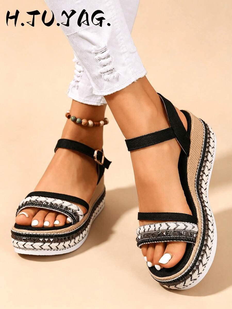 Summer Fashion Women's Wedge Sandals, Bohemian Style Rivet Open Toe Design With Ankle Strap, Breathable Comfortable Casual Elegant Flat Shoes