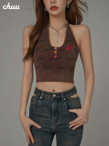 CHUU Heart & Letter Embroidered Tank Top Women Autumn Sweet Cool Slim Fit Fuzzy Knit Halter Neck Top - Coffee Brown - View 2