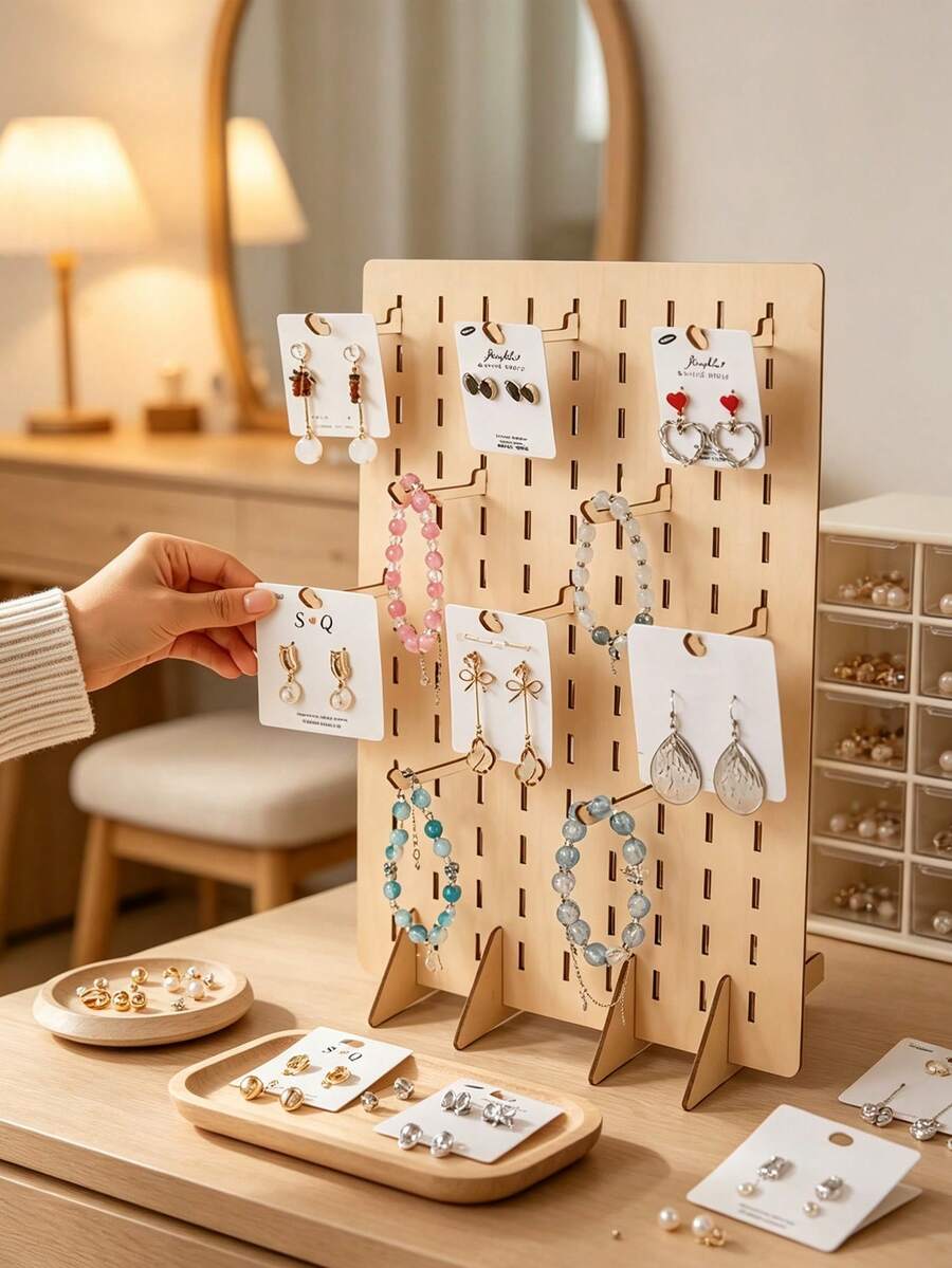 Vertical Wooden Pegboard Display Stand With Removable Hooks, Desktop Earring Jewelry Display Board, Multi-Functional Desktop Stationery Tool Storage Rack, Customizable DIY Display Panel, Suitable For Booth And Desktop Decoration - Multicolor - View 1