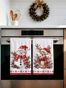 2pcs Cartoon Snowman & Deer With Red Plaid Scarf Pattern Kitchen Towels, 40*60cm Soft Microfiber Tea Towels, Suitable For Home Kitchen Restaurant Outdoor Camping Tabletop Cleaning Dish Cloth Hand Towel Accessories, Winter Christmas Holiday Theme Kitchen Towels Holiday Gift - Multicolor - View 8