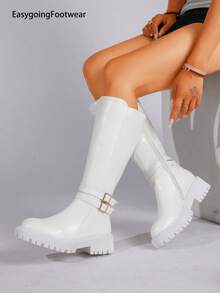 Women's Autumn/Winter Dual Metal Buckle Thick Sole Side Zipper Riding Boots - White - View 4