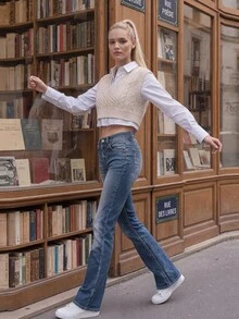 1pc Solid Color Elegant Casual Denim Cat Whisker Pattern Low Waist Jeans, Wide Leg Flare Pants, Suitable For School, Office, Back To School, Party, Boots - Blue - View 6