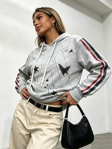 Women's All-Season Hooded Sweatshirt With Print Design, Casual Pullover Sweatshirt, Suitable For Running, Cycling, Ball Sports, Fitness, Multi-Function Jogging Top - Grey - View 2