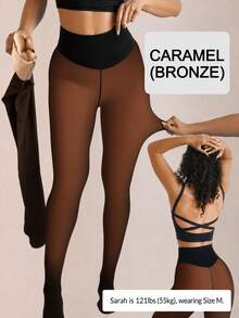 220g Fleece Lined Tights, Single Stitch, Faux Translucent Warmth, Suitable For Winter Sports, Yoga, Outdoor And Travel - Rust Brown - View 1