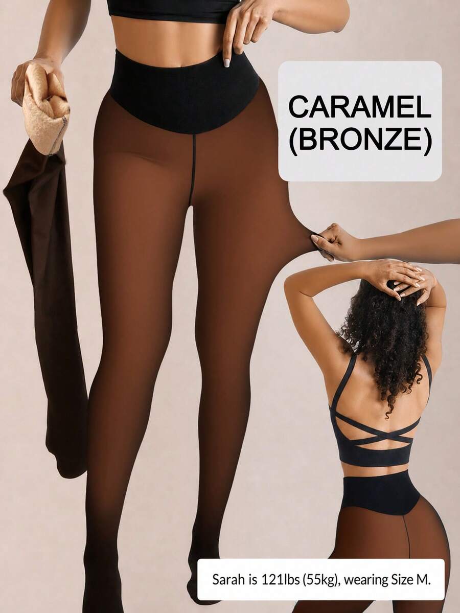 220g Fleece Lined Tights, Single Stitch, Faux Translucent Warmth, Suitable For Winter Sports, Yoga, Outdoor And Travel - Rust Brown - View 1