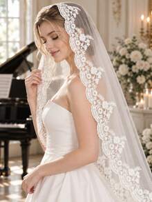 1pc Elegant Vintage Lace Bridal Veil With Metal Comb, Perfect For Vienna Cathedral & Church Weddings - Multicolor - - View 9