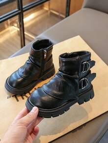 Girls' Fashion Motorcycle Style Pleated Ankle Boots, Vintage Punk Style, Suitable For Outdoor Outings And Daily Casual Wear - Black - View 3