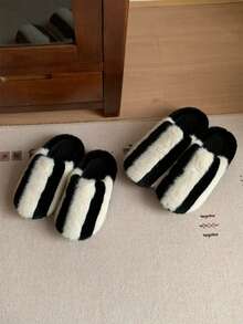 XIXITIAO Minimalist Striped Closed Toe Slippers, Winter Warm Soft Sole House Slippers - Black - View 8