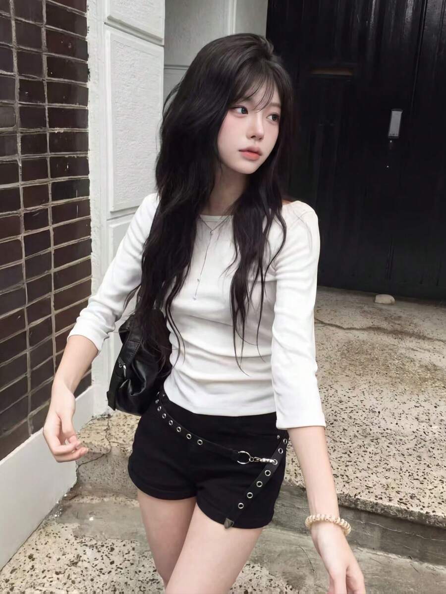 Korean Style Minimalist All-Match Solid Color Lightweight Round Neck Slimming Versatile Waist-Cinched 3/4 Sleeve Top Casual White - White - View 1
