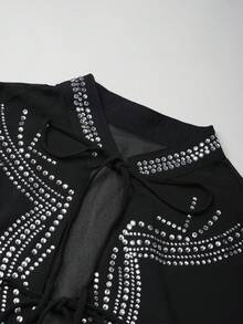 2026 New Luxury Resort Style Rhinestone Decor V-Neck Long Sleeve Sexy Sheer Blouse For Women Black Fall - Black - View 7