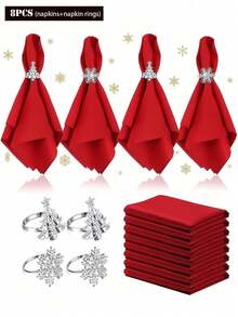 8pcs/Set Christmas Red Cloth Napkins And Christmas Snowflake Christmas Tree Napkin Rings, Suitable For Christmas, Parties, Weddings, Dining Table Decorations - Multicolor - View 6
