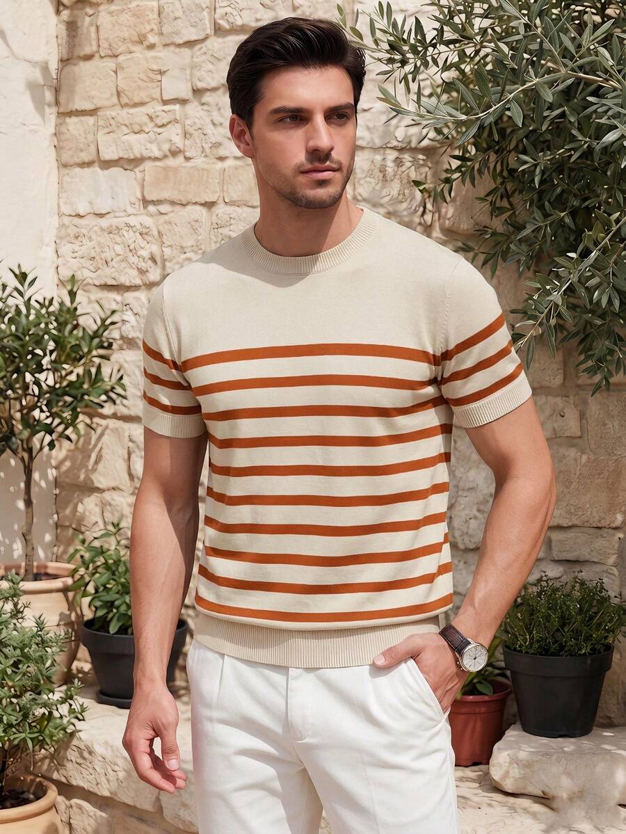 ALTZTAR Loose Lightweight Summer Knit Striped Crew Neck T-Shirt Minimalist Fashion Casual Daily