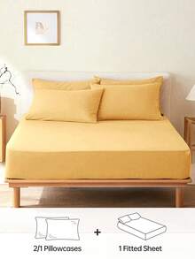 2/3pcs Solid Color Fitted Sheet, Mattress Protector, Mattress Cover, Deep Pocket Fitted Sheet, Soft And Breathable, Suitable For All Bed Sizes - Twin, Full, Queen, King, 14 Inch/35 Cm Deep Pocket, Machine Washable - Buff Yellow - View 2