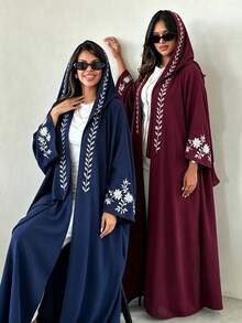Abaya Depan Terbuka Bordir dengan Hijab Senada, Mantel Panjang Lengan Kelelawar yang Sopan, Bordir Bunga Elegan, Potongan Longgar, Pakaian Sehari-hari Wanita Muslim - MultiWarna - View 6