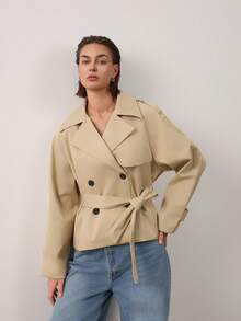 Women's Long Sleeve Collared Casual Belted Short Trench Coat - Light Khaki - View 3