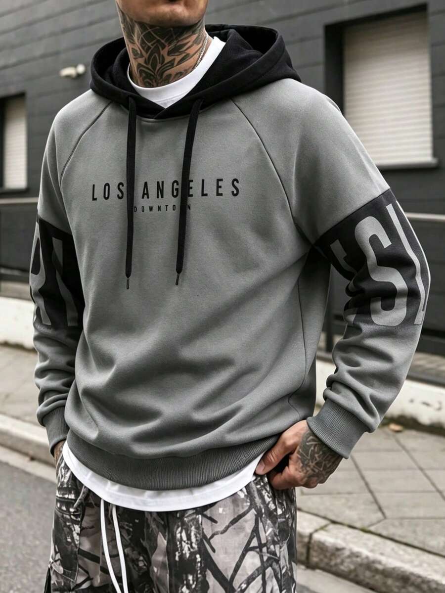 Men's Spring/Autumn Thin Contrast Color Letter Print Drawstring Hooded Sweatshirt, Slim Fit Sporty Casual Top - Dark Grey - View 1