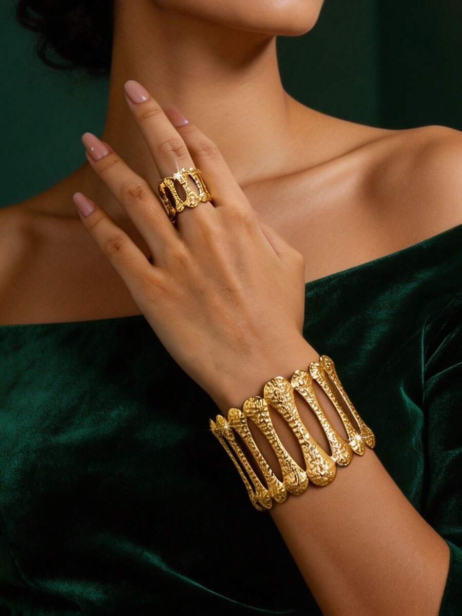 2pcs Exaggerated Vintage Elegant Hollow Geometric Wide Cuff Bracelet & Ring Set, Fashionable Open Design For Women, Suitable For Party, Banquet And Daily Wear - Yellow Gold - View 1