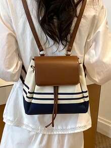 Backpack With Drawstring & Metal Buckle Decor, Multi-Compartment Large Capacity, Can Store Phone, Cosmetics, Personal Items, Drawstring Flap Closure, Casual College Style Handheld Backpack, Women's Crossbody Bag, Suitable For Daily School, Shopping, Travel, Versatile Striped Small Backpack, Vintage Casual Small Backpack, Commuter Handheld Crossbody Women's Bag - Brown - View 3