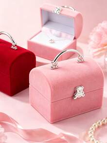 1pc/2pcs Aesthetic Bear Jewelry Box, Jewelry Organizer, Ring Box, Desktop Decor, Velvet Mini Suitcase Style Ring Earring Necklace Storage Box, Ideal Gift For Birthday And Special Occasions - Multicolor - View 2