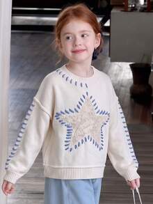 Girls Star Pattern Knit Sweater, Long Sleeve Crew Neck Pullover, Casual School & Daily Wear, Autumn/Winter Tween Girls Clothing - Apricot - View 4