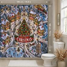 1pc/4pcs Festive Christmas Town Pattern Multi-Functional Bathroom Decor Shower Curtain Set, Free 12 Hooks, Premium Holiday Atmosphere, Bathroom Mat, U-Shaped Rug And Round Toilet Lid Cover, Suitable For All Scenes, Bathroom Set - Merry Christmas Town - View 10
