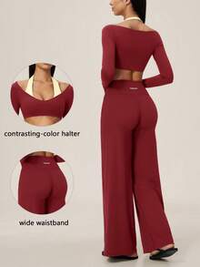 TimeOff Women's One Set Autumn/Winter Colorblock Halter V-Neck 2 In 1 Long Sleeve Cropped Top & Criss-Cross V-Waist Wide Leg Long Pants Yoga Set - Red - View 11